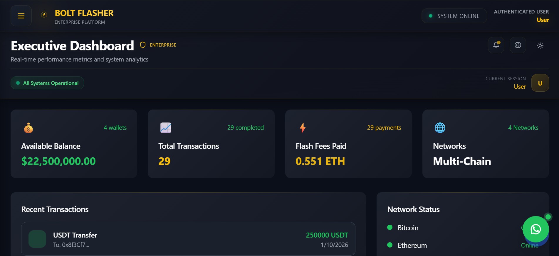 Flash USDT Dashboard Interface